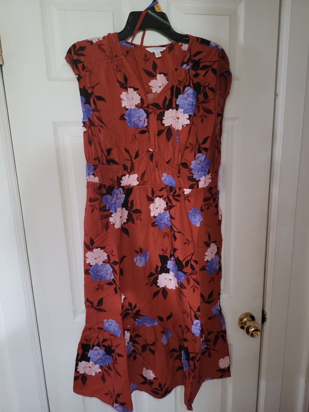 Time and Tru Rust Floral Midi Dress with Blue & Pink Blooms
